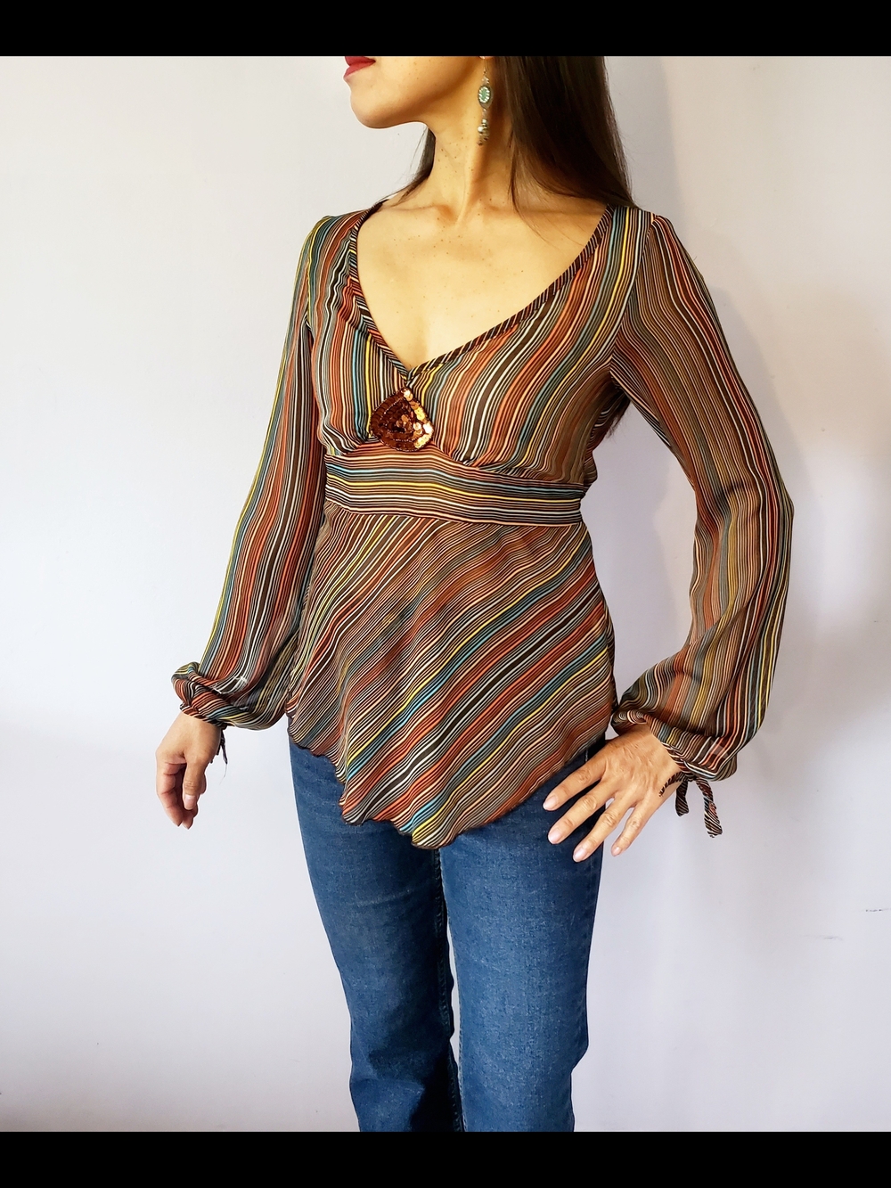 Striped V-Neck Long Sleeve Sheer Blouse - Multicolor